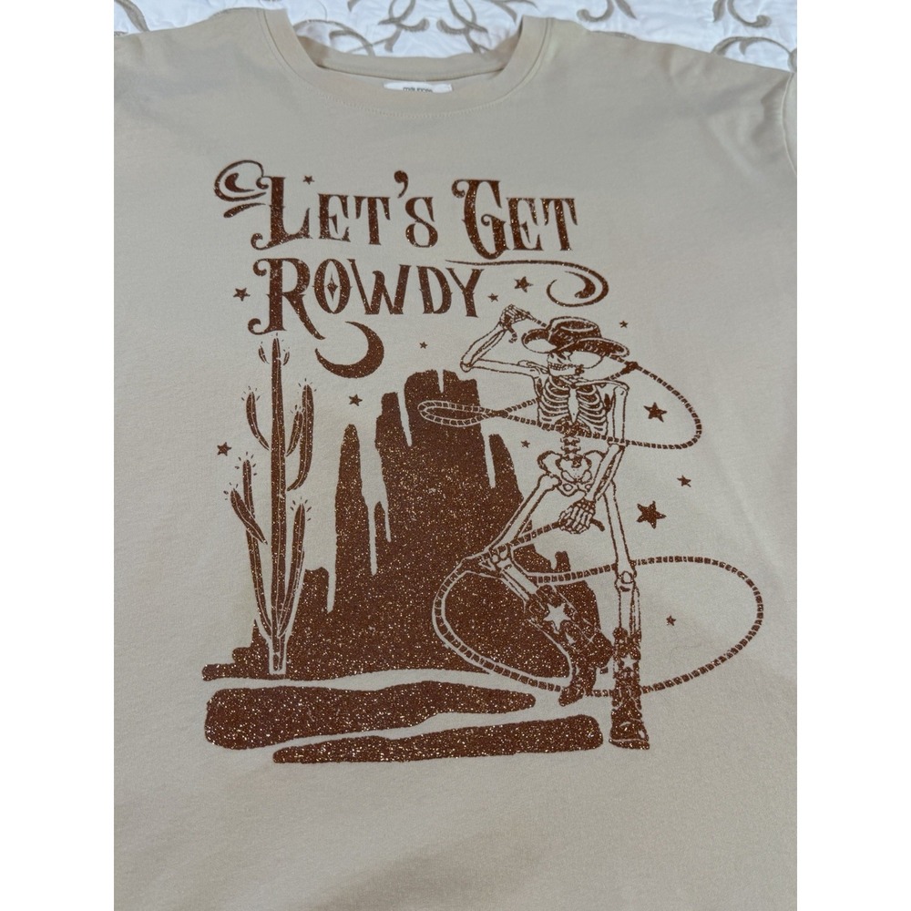 Lets Get Rowdy Cowboy Skeleton Graphic Tee Womens L Western Glitter Halloween